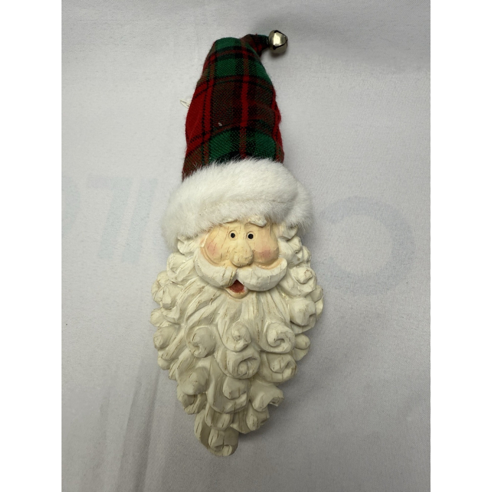 Santa Claus Face Christmas Ornament Resin Plaid Hat w/ Bell 11” Vintage? Holiday